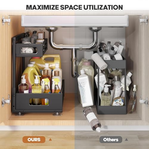 Biboraya 2 Pack Under Sink Organizer,Pull Out Cabinet Organizer with Smooth Cylindrical Rail,Metal Slide Out Drawer for Kitchen Bathroom Laundry Cabinet,8-Level Tool Free Height Adjustable-Black - My Kitchen Products