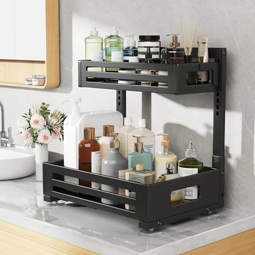 Biboraya 2 Pack Under Sink Organizer,Pull Out Cabinet Organizer with Smooth Cylindrical Rail,Metal Slide Out Drawer for Kitchen Bathroom Laundry Cabinet,8-Level Tool Free Height Adjustable-Black - My Kitchen Products