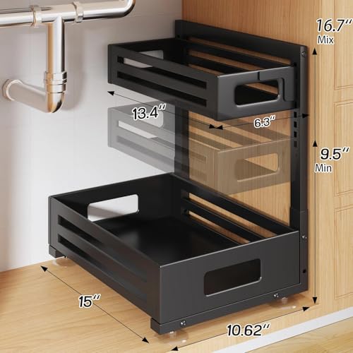 Biboraya 2 Pack Under Sink Organizer,Pull Out Cabinet Organizer with Smooth Cylindrical Rail,Metal Slide Out Drawer for Kitchen Bathroom Laundry Cabinet,8-Level Tool Free Height Adjustable-Black - My Kitchen Products