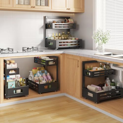 Biboraya 2 Pack Under Sink Organizer,Pull Out Cabinet Organizer with Smooth Cylindrical Rail,Metal Slide Out Drawer for Kitchen Bathroom Laundry Cabinet,8-Level Tool Free Height Adjustable-Black - My Kitchen Products