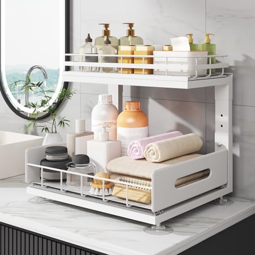 Biboraya Under Sink Organizer Upgrade To Professional Rails,2-Tier Dual Pull Out Cabinet Storage,Height Adjustable Slide Out Drawers For Bathroom Kitchen,2 Pack-14.5" Dx12.8-16.9" H,White - My Kitchen Products