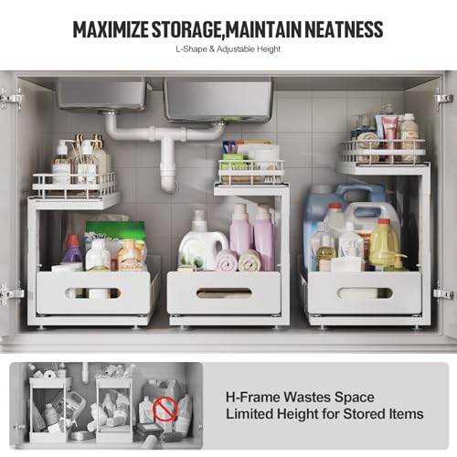 Biboraya Under Sink Organizer Upgrade To Professional Rails,2-Tier Dual Pull Out Cabinet Storage,Height Adjustable Slide Out Drawers For Bathroom Kitchen,2 Pack-14.5" Dx12.8-16.9" H,White - My Kitchen Products