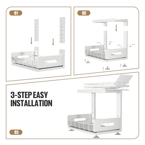 Biboraya Under Sink Organizer Upgrade To Professional Rails,2-Tier Dual Pull Out Cabinet Storage,Height Adjustable Slide Out Drawers For Bathroom Kitchen,2 Pack-14.5" Dx12.8-16.9" H,White - My Kitchen Products