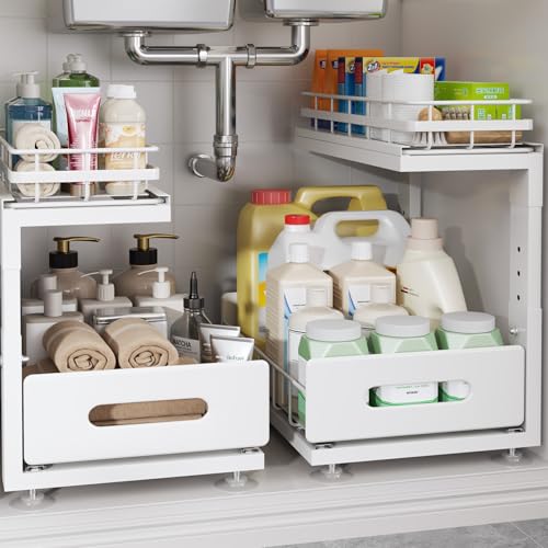 Biboraya Under Sink Organizer Upgrade To Professional Rails,2-Tier Dual Pull Out Cabinet Storage,Height Adjustable Slide Out