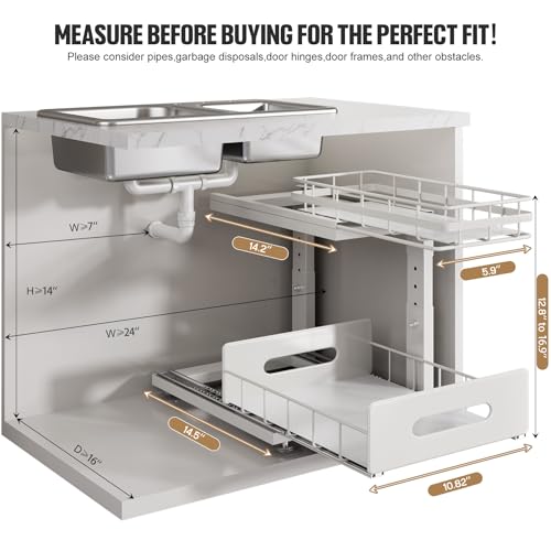 Biboraya Under Sink Organizer Upgrade To Professional Rails,2-Tier Dual Pull Out Cabinet Storage,Height Adjustable Slide Out Drawers For Bathroom Kitchen,2 Pack-14.5" Dx12.8-16.9" H,White - My Kitchen Products