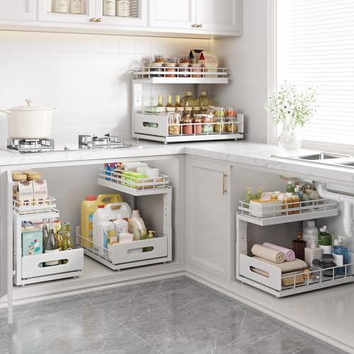 Biboraya Under Sink Organizer Upgrade To Professional Rails,2-Tier Dual Pull Out Cabinet Storage,Height Adjustable Slide Out Drawers For Bathroom Kitchen,2 Pack-14.5" Dx12.8-16.9" H,White - My Kitchen Products