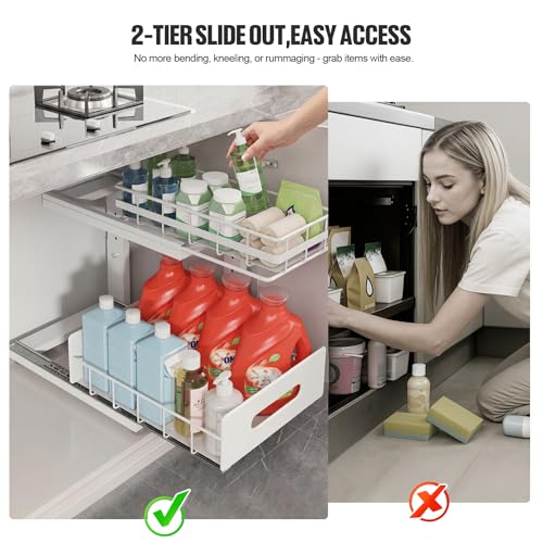 Biboraya Under Sink Organizer Upgrade To Professional Rails,2-Tier Dual Pull Out Cabinet Storage,Height Adjustable Slide Out Drawers For Bathroom Kitchen,2 Pack-14.5" Dx12.8-16.9" H,White - My Kitchen Products