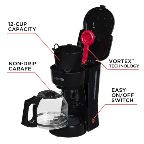 BLACK+DECKER 12-Cup Coffee Maker with Easy On/Off Switch, Easy Pour, Non-Drip Carafe with Removable Filter Basket, Vortex Technology, Black - My Kitchen Products