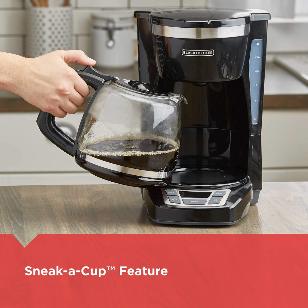 BLACK+DECKER 12-Cup Digital Coffee Maker, Programmable, Washable Basket Filter, Sneak-A-Cup, Auto Brew, Water Window, Keep Hot Plate, Black - My Kitchen Products