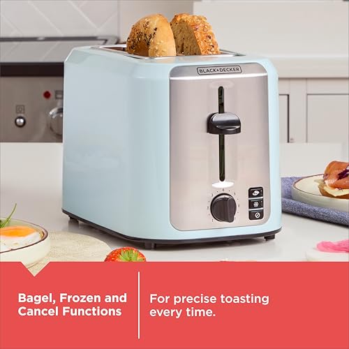 BLACK+DECKER 2-Slice Toaster, Extra-Wide Slots, 7 Shade Settings, Bagel & Frozen Functions, Removable Crumb Tray, Surf Spray Blue - My Kitchen Products