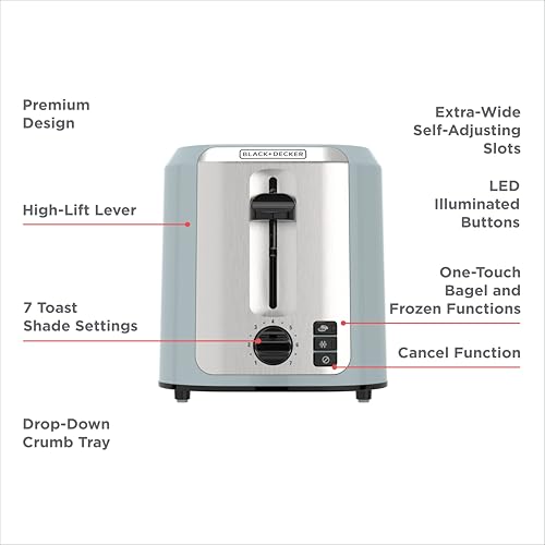 BLACK+DECKER 2-Slice Toaster, Extra-Wide Slots, 7 Shade Settings, Bagel & Frozen Functions, Removable Crumb Tray, Surf Spray Blue - My Kitchen Products