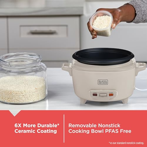 BLACK+DECKER 6-Cup Cooked (3 Cups Uncooked) Rice Cooker, Steaming Basket, Removable Nonstick Bowl, One-Touch Operation, Baked Stone - My Kitchen Products