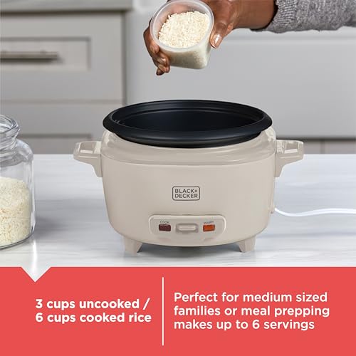 BLACK+DECKER 6-Cup Cooked (3 Cups Uncooked) Rice Cooker, Steaming Basket, Removable Nonstick Bowl, One-Touch Operation, Baked Stone - My Kitchen Products