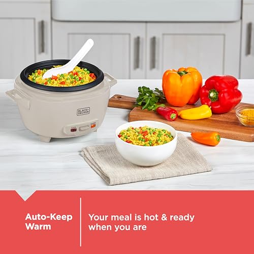 BLACK+DECKER 6-Cup Cooked (3 Cups Uncooked) Rice Cooker, Steaming Basket, Removable Nonstick Bowl, One-Touch Operation, Baked Stone - My Kitchen Products