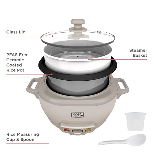 BLACK+DECKER 6-Cup Cooked (3 Cups Uncooked) Rice Cooker, Steaming Basket, Removable Nonstick Bowl, One-Touch Operation, Baked Stone - My Kitchen Products