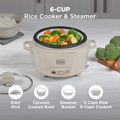 BLACK+DECKER 6-Cup Cooked (3 Cups Uncooked) Rice Cooker, Steaming Basket, Removable Nonstick Bowl, One-Touch Operation, Baked Stone - My Kitchen Products