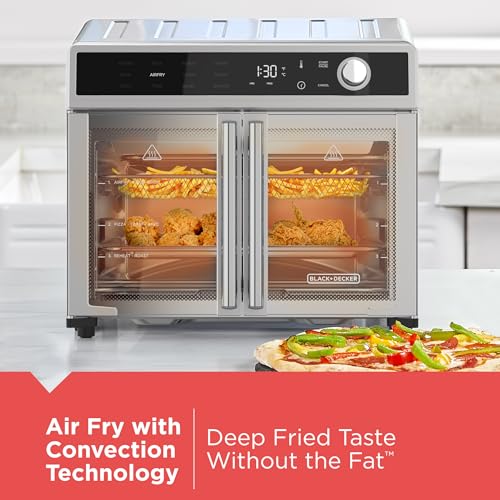 BLACK+DECKER Crisp 'N Bake Air Fryer Toaster Oven Combo, 12 in 1 Countertop Convection Oven Cooks Food Fast, Fits a Whole Pizza or 6 Toast Slices, French Doors with Stainless Steel Finish - My Kitchen Products