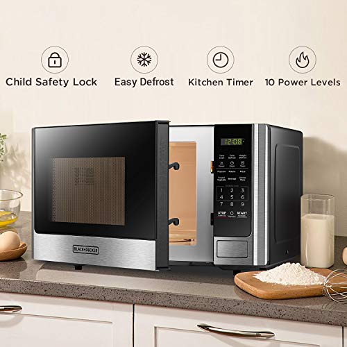BLACK+DECKER Digital Microwave Oven with Turntable Push-Button Door, Child Safety Lock, Stainless Steel, 0.9 Cu Ft - My Kitchen Products
