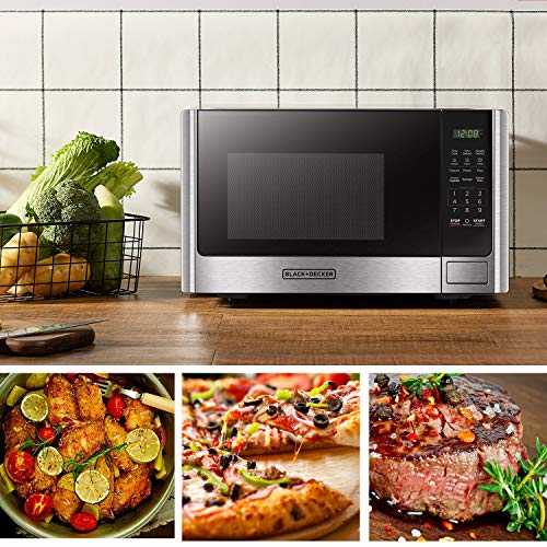 BLACK+DECKER Digital Microwave Oven with Turntable Push-Button Door, Child Safety Lock, Stainless Steel, 0.9 Cu Ft - My Kitchen Products