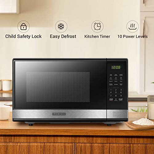 BLACK+DECKER EM031MB11 Digital Microwave Oven with Turntable Push-Button Door, Child Safety Lock, 1000W, 1.1cu.ft, Black & Stainless Steel, 1.1 Cu.ft - My Kitchen Products