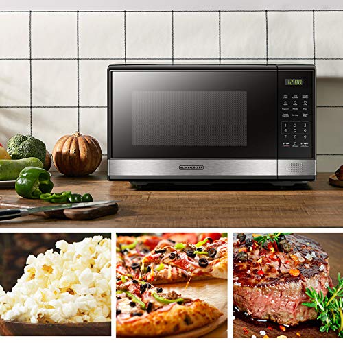 BLACK+DECKER EM031MB11 Digital Microwave Oven with Turntable Push-Button Door, Child Safety Lock, 1000W, 1.1cu.ft, Black & Stainless Steel, 1.1 Cu.ft - My Kitchen Products