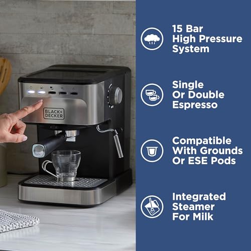 Black+Decker Semi-Automatic 15 Bar Espresso and Cappuccino Maker, Versatile Machine with Ability to use Grounds or ESE Pods to Make Your Perfect Cup of Coffee - My Kitchen Products