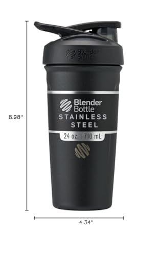 BlenderBottle Strada Shaker Cup Insulated Stainless Steel Water Bottle with Wire Whisk, 24-Ounce, Black - My Kitchen Products