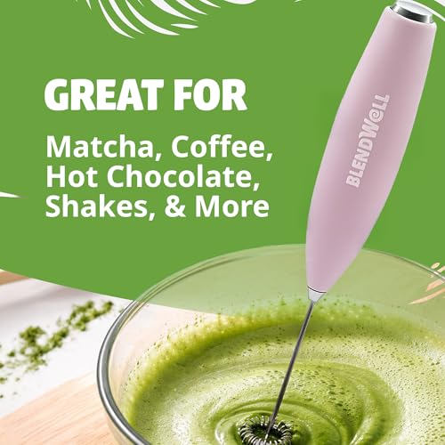 BlendWell Electric Milk Frother for Matcha and Coffee, Handheld Battery Operated Drink Mixer with Stand, Stainless Steel Whisk, Rose Pink - My Kitchen Products