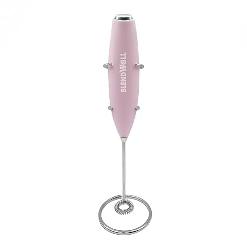 BlendWell Electric Milk Frother for Matcha and Coffee, Handheld Battery Operated Drink Mixer with Stand, Stainless Steel Whisk, Rose Pink - My Kitchen Products