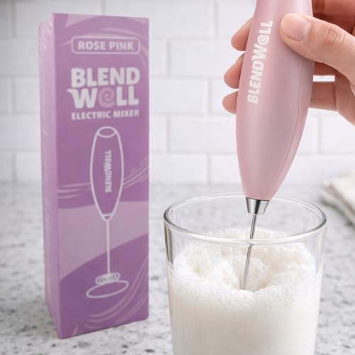 BlendWell Electric Milk Frother for Matcha and Coffee, Handheld Battery Operated Drink Mixer with Stand, Stainless Steel Whisk, Rose Pink - My Kitchen Products