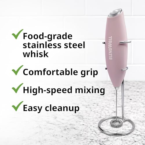 BlendWell Electric Milk Frother for Matcha and Coffee, Handheld Battery Operated Drink Mixer with Stand, Stainless Steel Whisk, Rose Pink - My Kitchen Products
