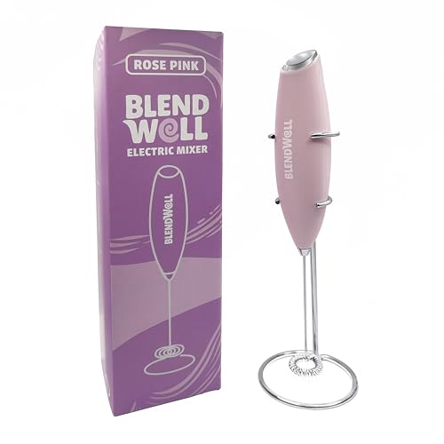 BlendWell Electric Milk Frother for Matcha and Coffee, Handheld Battery Operated Drink Mixer with Stand, Stainless Steel Whisk, Rose Pink - My Kitchen Products