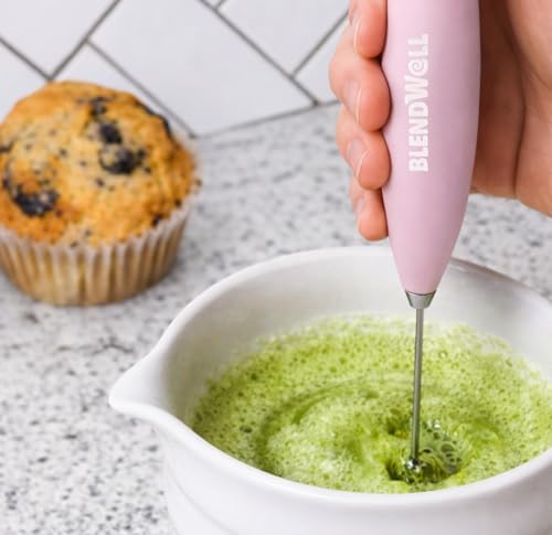 BlendWell Electric Milk Frother for Matcha and Coffee, Handheld Battery Operated Drink Mixer with Stand, Stainless Steel Whisk, Rose Pink - My Kitchen Products