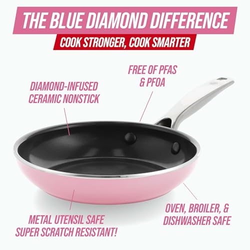 Blue Diamond 10 Piece Nonstick Cookware Set, Diamond Ceramic Pots & Pans, Dishwasher & Metal Utensil Safe, Non Toxic PFAS-Free, Kitchen Cooking Sauce & Saute Pans, Oven & Broiler to 600F, Pink - My Kitchen Products
