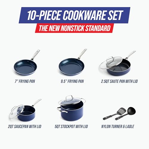 Blue Diamond 10 Piece Nonstick Cookware Set, Diamond Ceramic Pots & Pans, Dishwasher & Metal Utensil Safe, Non Toxic PFAS-Free, Kitchen Cooking Sauce & Saute Pans, Oven & Broiler to 600F, Blue - My Kitchen Products
