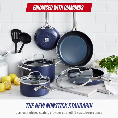 Blue Diamond 10 Piece Nonstick Cookware Set, Diamond Ceramic Pots & Pans, Dishwasher & Metal Utensil Safe, Non Toxic PFAS-Free, Kitchen Cooking Sauce & Saute Pans, Oven & Broiler to 600F, Blue - My Kitchen Products