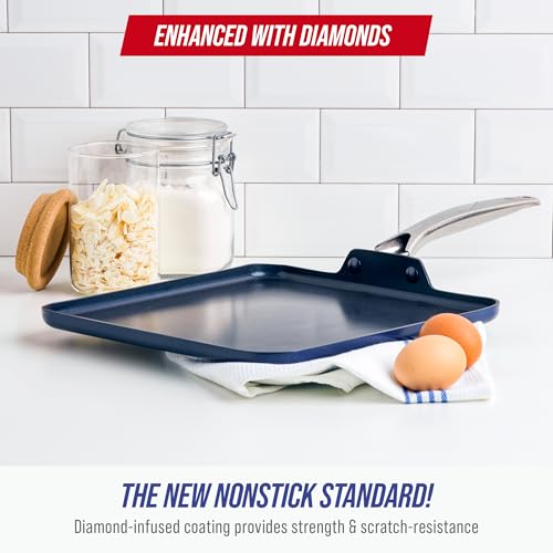 Blue Diamond 11" Nonstick Square Griddle Pan, Non Toxic PFAS-Free Diamond Ceramic, Dishwasher & Oven Safe, Even Heating, Metal Utensil Safe, Warp Control, Blue - My Kitchen Products