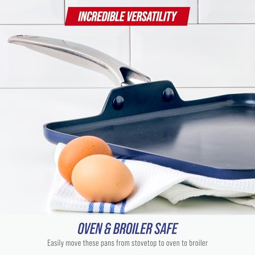 Blue Diamond 11" Nonstick Square Griddle Pan, Non Toxic PFAS-Free Diamond Ceramic, Dishwasher & Oven Safe, Even Heating, Metal Utensil Safe, Warp Control, Blue - My Kitchen Products
