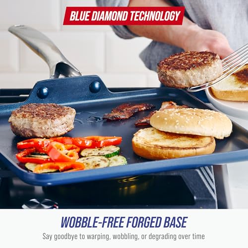 Blue Diamond 11" Nonstick Square Griddle Pan, Non Toxic PFAS-Free Diamond Ceramic, Dishwasher & Oven Safe, Even Heating, Metal Utensil Safe, Warp Control, Blue - My Kitchen Products