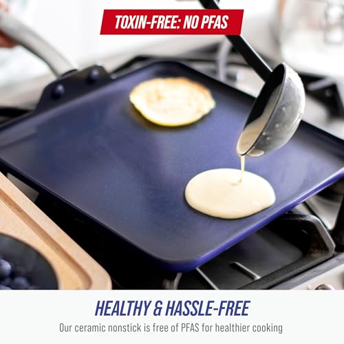 Blue Diamond 11" Nonstick Square Griddle Pan, Non Toxic PFAS-Free Diamond Ceramic, Dishwasher & Oven Safe, Even Heating, Metal Utensil Safe, Warp Control, Blue - My Kitchen Products