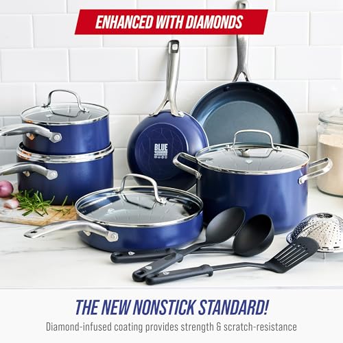 Blue Diamond 14 Piece Cookware Set, Diamond Infused PFAS & PFOA-Free Ceramic Nonstick Pots and Pans, Durable, Non Toxic, Metal Utensil Safe & Scratch Resistant, Dishwasher & Oven Safe, Blue - My Kitchen Products