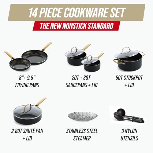 Blue Diamond 14 Piece Induction Nonstick Cookware Set, Diamond Infused PFAS-Free Ceramic Nonstick Pots & Pans, Durable Metal Utensil Safe, Dishwasher Safe, Oven & Broiler to 600F, Black/Gold - My Kitchen Products