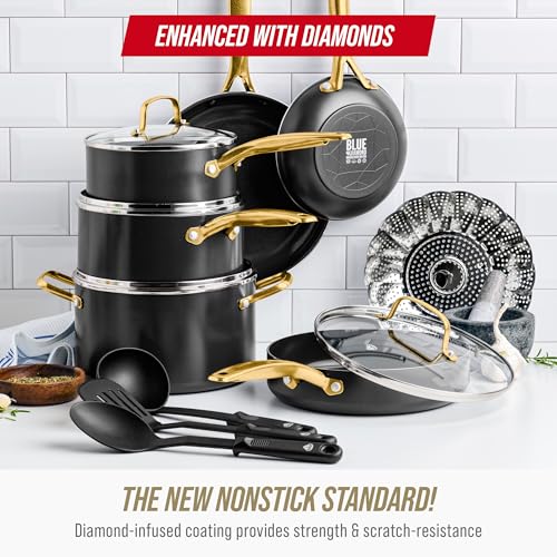 Blue Diamond 14 Piece Induction Nonstick Cookware Set, Diamond Infused PFAS-Free Ceramic Nonstick Pots & Pans, Durable Metal Utensil Safe, Dishwasher Safe, Oven & Broiler to 600F, Black/Gold - My Kitchen Products