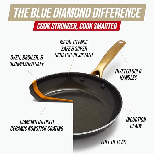 Blue Diamond 14 Piece Induction Nonstick Cookware Set, Diamond Infused PFAS-Free Ceramic Nonstick Pots & Pans, Durable Metal Utensil Safe, Dishwasher Safe, Oven & Broiler to 600F, Black/Gold - My Kitchen Products