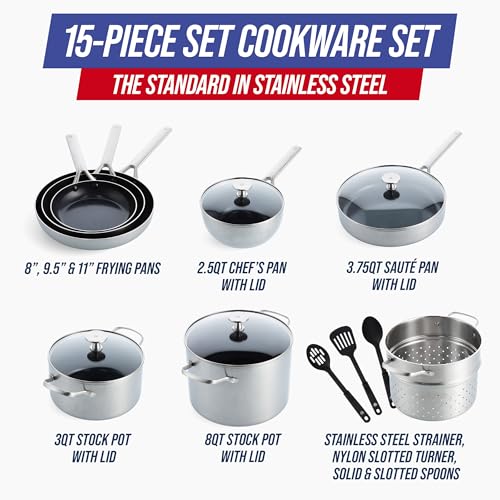 Blue Diamond 15 Piece Stainless Steel Tri-Ply Cookware Pots and Pans Set, Induction Compatible, Diamond Infused PFAS-Free Ceramic Nonstick, Dishwasher & Metal Utensil Safe, Scratch Resistant, Silver - My Kitchen Products
