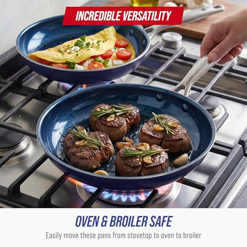 Blue Diamond 2 Piece Nonstick Frying Pan Set, 9.5” & 11" Skillets, PFAS-Free Ceramic, Dishwasher & Oven Safe, Stainless Steel Handle, Durable Metal Utensil Safe, Egg & Omelet Pans, Blue - My Kitchen Products
