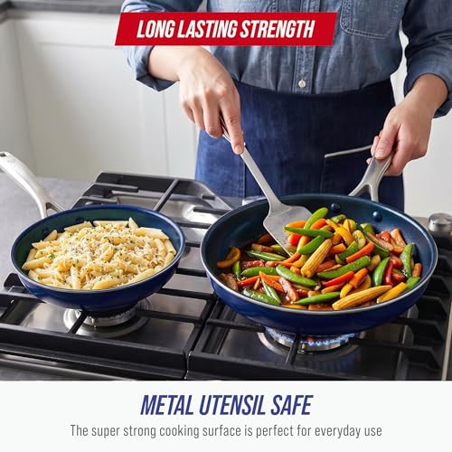 Blue Diamond 2 Piece Nonstick Frying Pan Set, 9.5” & 11" Skillets, PFAS-Free Ceramic, Dishwasher & Oven Safe, Stainless Steel Handle, Durable Metal Utensil Safe, Egg & Omelet Pans, Blue - My Kitchen Products