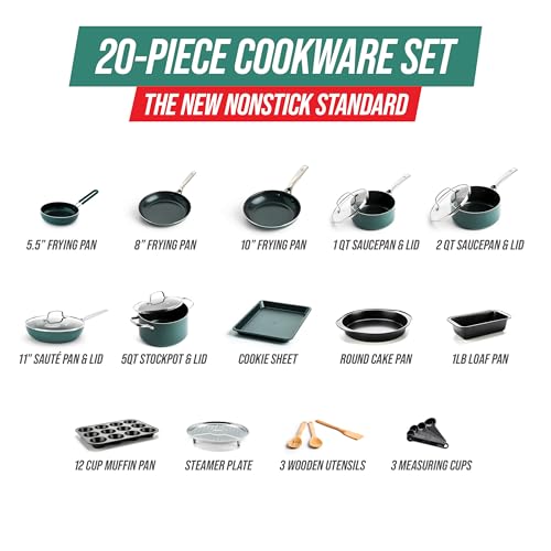 Blue Diamond 20 Piece Cookware and Bakeware Set, Diamond Infused PFAS-Free Ceramic Nonstick Pots and Pans, Durable Nontoxic Metal Utensil Safe & Scratch Resistant, Dishwasher & Oven Safe, Green - My Kitchen Products