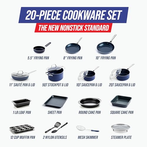 Blue Diamond 20 Piece Nonstick Cookware Set, Diamond Ceramic Pots & Pans, Dishwasher & Metal Utensil Safe, Non Toxic PFAS-Free, Kitchen Cooking Sauce & Saute Pans, Oven & Broiler to 600F, Blue - My Kitchen Products
