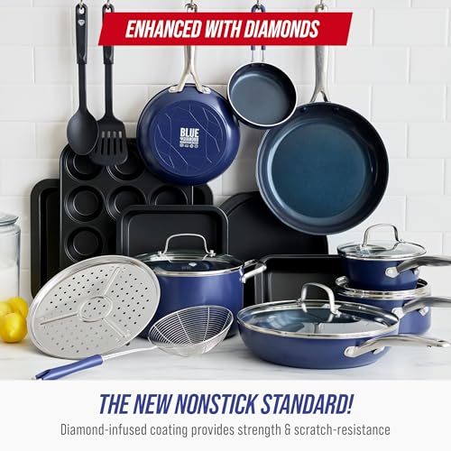 Blue Diamond 20 Piece Nonstick Cookware Set, Diamond Ceramic Pots & Pans, Dishwasher & Metal Utensil Safe, Non Toxic PFAS-Free, Kitchen Cooking Sauce & Saute Pans, Oven & Broiler to 600F, Blue - My Kitchen Products